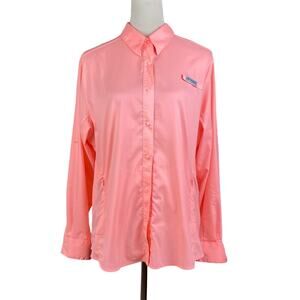 Columbia Neon Orange Long Sleeve Vent Back Collar Button Up Fishing Shirt Pocket